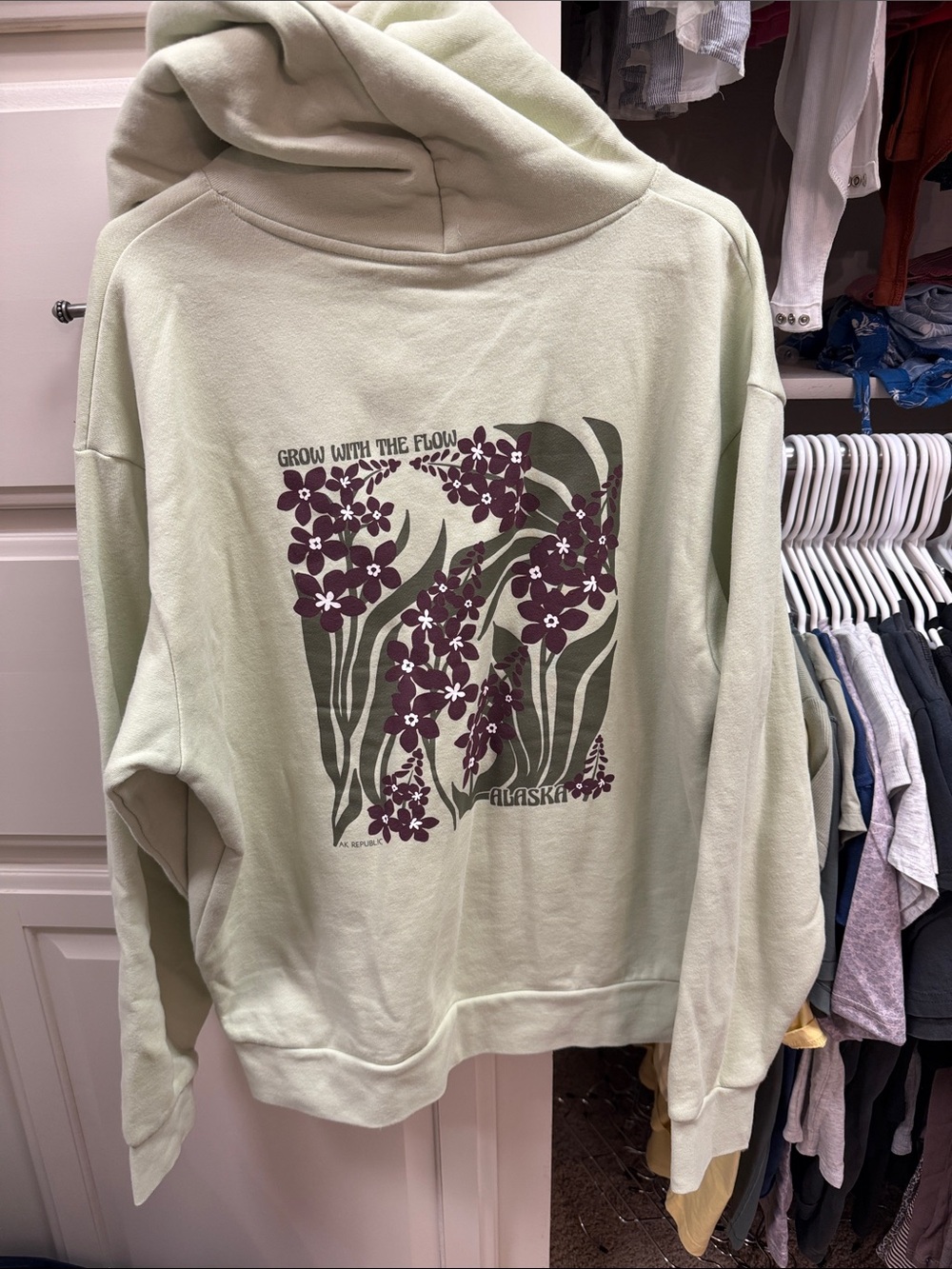 Ak Republic ‘Grow with the Flow” Soft Green Floral Graphic Hoodie Sweatshirt - Picture 2 of 4